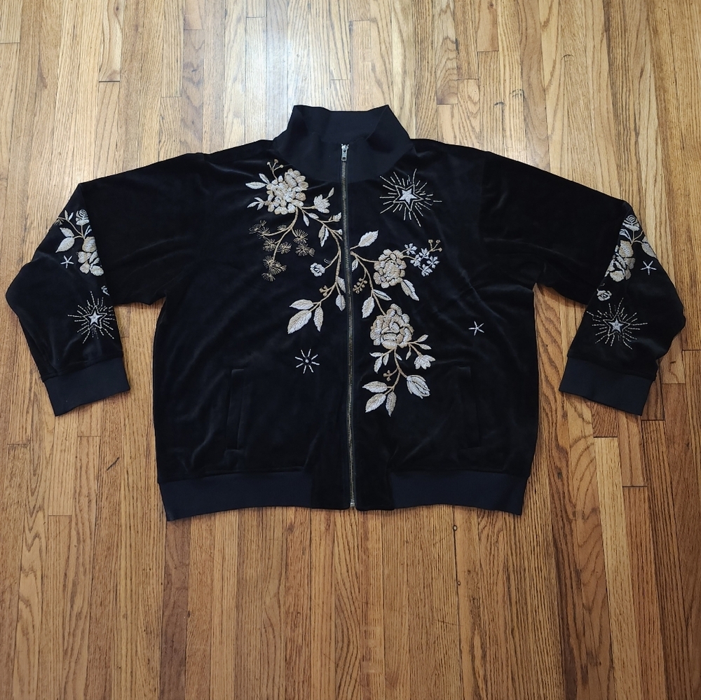 Johnny Was Womens Velour Track Jacket Embroidered Size XXL Black